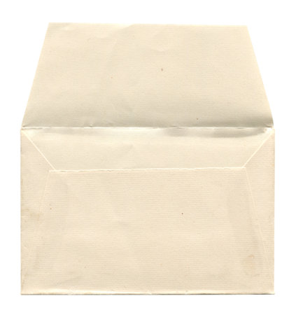 front view closeup of blank brown old aged open letter paper envelope with antique texture isolated on white backgroundの写真素材