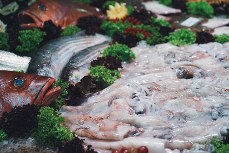 Colorful variety of fresh fish and greens arranged on ice at a seafood market displayの写真素材