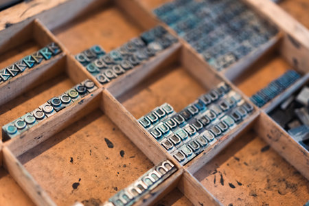Vintage letterpress drawer displaying neatly organized metal letters used for traditional printing