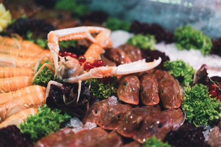 Fresh crustaceans and red fish displayed with greens on ice in a seafood marketの写真素材