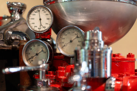 Closeup of vintage pressure gauges mounted on an industrial machine with red and chrome elements indoorsの写真素材