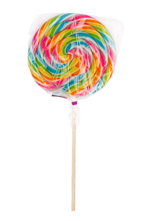closeup detail of colorful lollipop candy on a stick in transparent plastic packaging isolated on white backgroundの写真素材