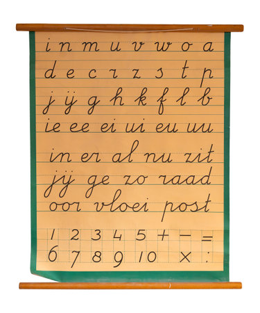 A vintage classroom cursive writing chart featuring the alphabet and numbers displayed on a beige backgroundの写真素材
