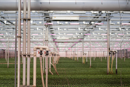 A detailed view of industrial irrigation pipes and rows of green plants in a modern greenhouse settingの写真素材