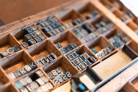 Closeup of metal printing letters carefully arranged in wooden compartments for typography and...