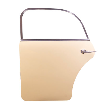 A vintage car door in beige with metal handle and window frame isolated on whiteの写真素材