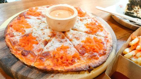Delicious Shrimp Roe Pizza with Tantalizing Dipping Sauceの写真素材