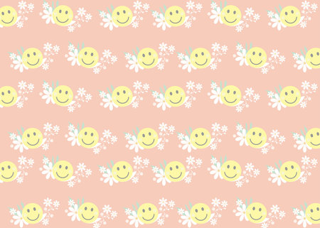 Cheerful Floral and Smiley Face Pattern on a Bright Pink Backgroundのイラスト素材