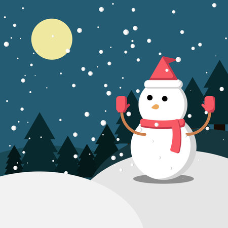 A cold night with a snowman and falling snow under the moonlight.のイラスト素材