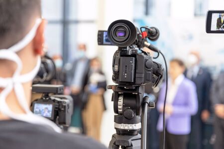 Media event or news conference during coronavirus COVID-19 pandemicの写真素材