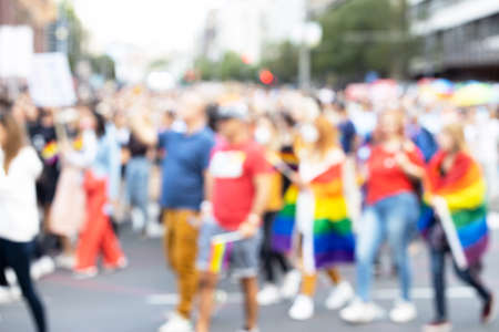 Blurred picture of unrecognizable participants of LGBT parade. Gay pride.の写真素材