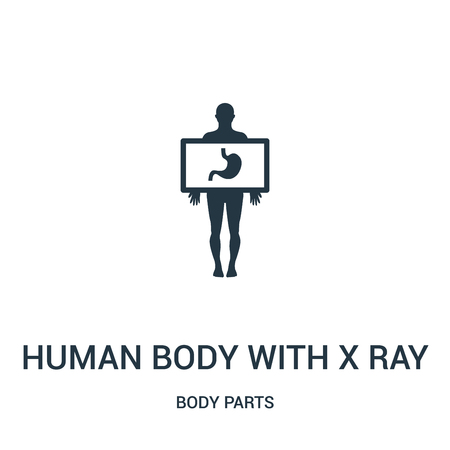 human body with x ray plate focusing on stomach icon vector from body parts collection. Thin line human body with x ray plate focusing on stomach outline icon vector illustration. Linear symbol for のイラスト素材