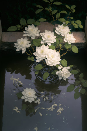 There are floating white jasmine flowers in the water tank. generative aiの素材