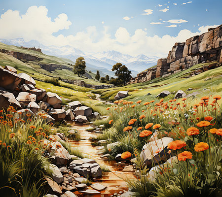 Hiking trail in the mountains with poppies. Digital paintingの素材