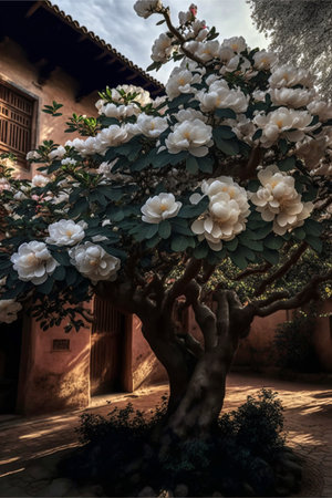 tree with white flowers in front of a building. generative ai.の素材