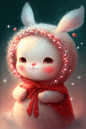 painting of a white rabbit wearing a red scarf. generative ai.の素材