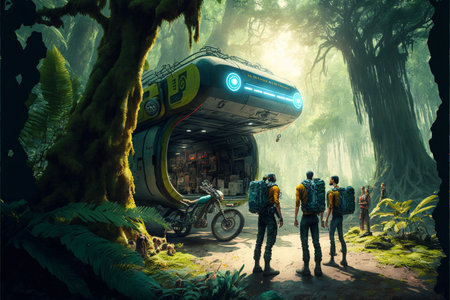 group of people standing in front of a vehicle. generative ai.の素材