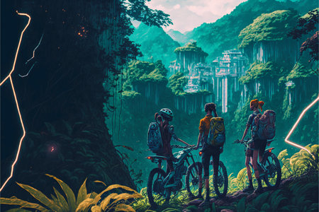 group of people standing on top of a lush green forest. generative ai.の素材