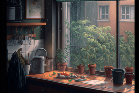 painting of potted plants on a window sill. generative ai.の素材