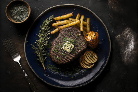 steak and french fries on a blue plate. generative ai.の素材