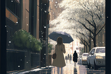 woman walking down a street holding an umbrella. generative ai.の素材