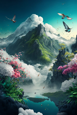 painting of birds flying over a mountain. generative ai.の素材