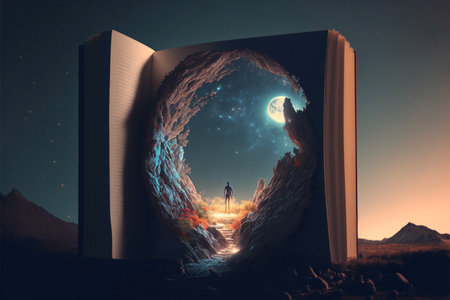 an open book sitting on top of a field. generative ai.の素材