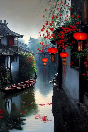 painting of a boat floating down a river. generative ai.の素材