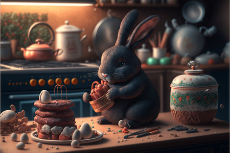 rabbit that is sitting in front of a cake. generative ai.の素材