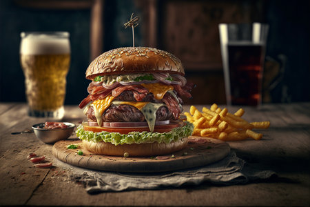 burger sitting on top of a wooden cutting board next to a glass of beer. generative ai.の素材