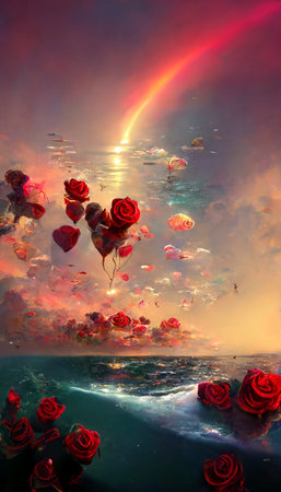 painting of roses floating in the ocean with a rainbow in the sky. generative ai.の素材
