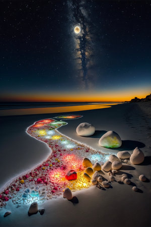 group of rocks sitting on top of a sandy beach. generative ai.の素材