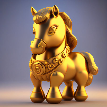 golden statue of a horse with a collar around its neck. generative ai.の素材