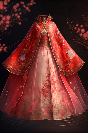 woman in a red dress standing under a tree. generative ai.の素材