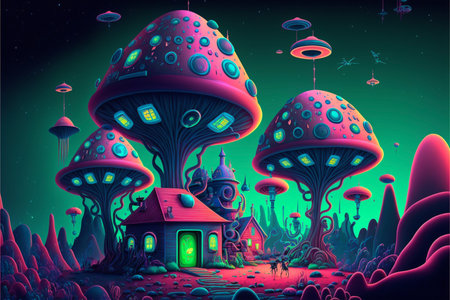 group of mushroom houses sitting on top of a lush green field. generative ai.の素材