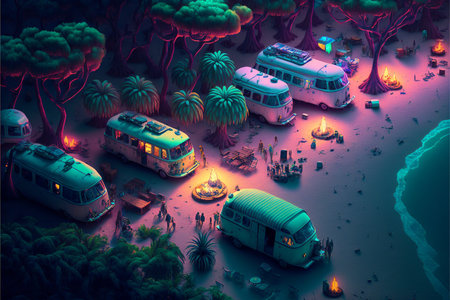 group of campers sitting on top of a sandy beach. generative ai.の素材