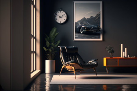 living room with a chair and a clock on the wall. generative ai.の素材
