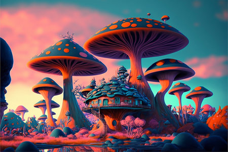 group of mushrooms sitting on top of a lush green field. generative ai.の素材