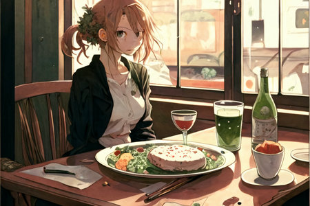 woman sitting at a table with a plate of food. generative ai.の素材