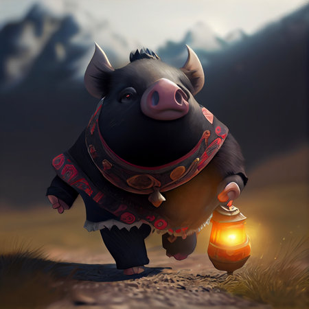 cartoon pig that is holding a lantern. generative ai.の素材