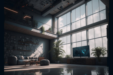 living room filled with furniture and a flat screen tv. generative ai.の素材