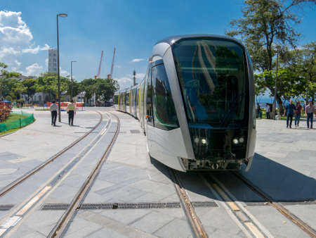 RIO DE JANEIRO, BRAZIL - MARCH 18, 2016 - New Rio de Janeiro tram in test in Maua square (praca Maua)のeditorial素材