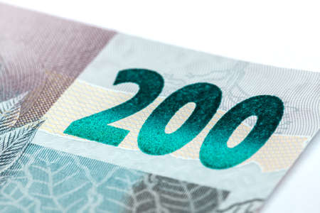 Newly launched 200 Reais brazilian note money bill close up detailsの写真素材