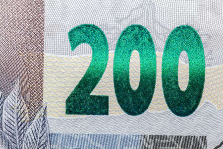 Newly launched 200 Reais brazilian note money bill close up detailsの写真素材