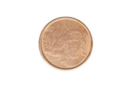 Brazilian 5 cents of Real 2020 coin on white background - high magnification