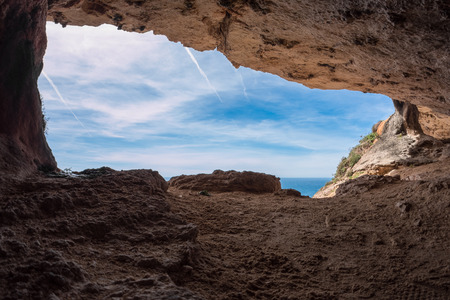 The rocky peninsula of Capo Caccia, with high cliffs, is located near Alghero; in this area there are the famous Neptune's Cavesの写真素材