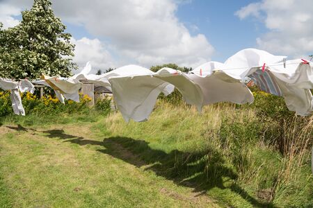 Clothes line in the windの写真素材
