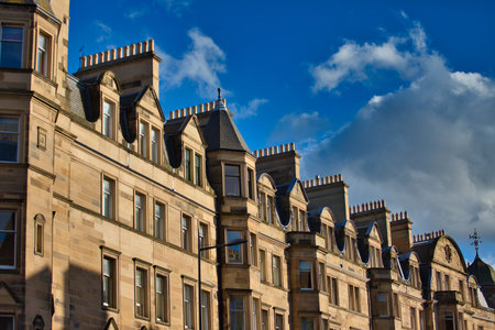 Street view of typical residential buildings in Edinburghの写真素材