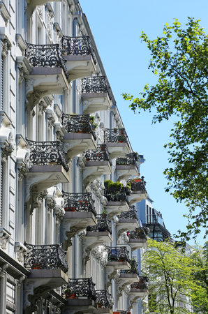 Old residential building with balconies in springtimeのeditorial素材