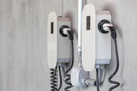 electric charger on a concrete wallの写真素材